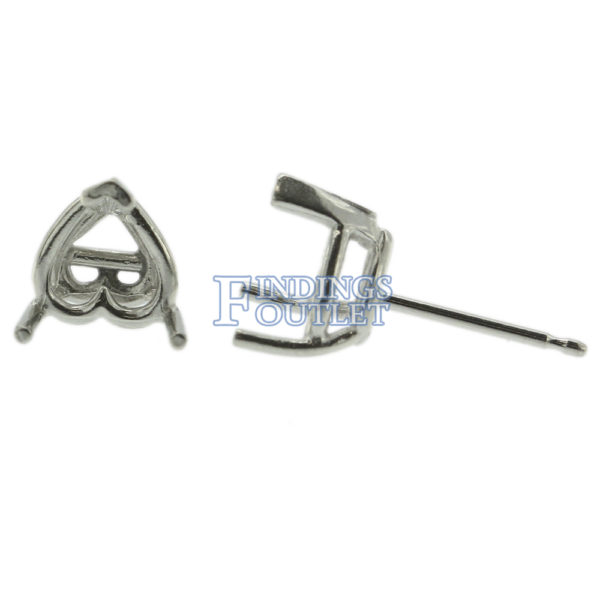 14k White Gold V-End Heart Stud Earring Mounting Setting Push Back Post 3 Prong - Image 6