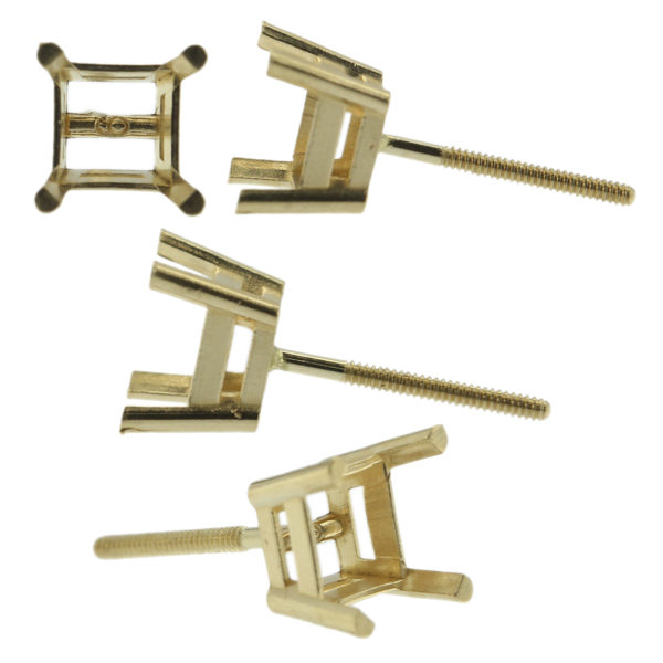 14k Yellow Gold Princess Stud Earring Mounting Setting Screw Back Post 4 Prong