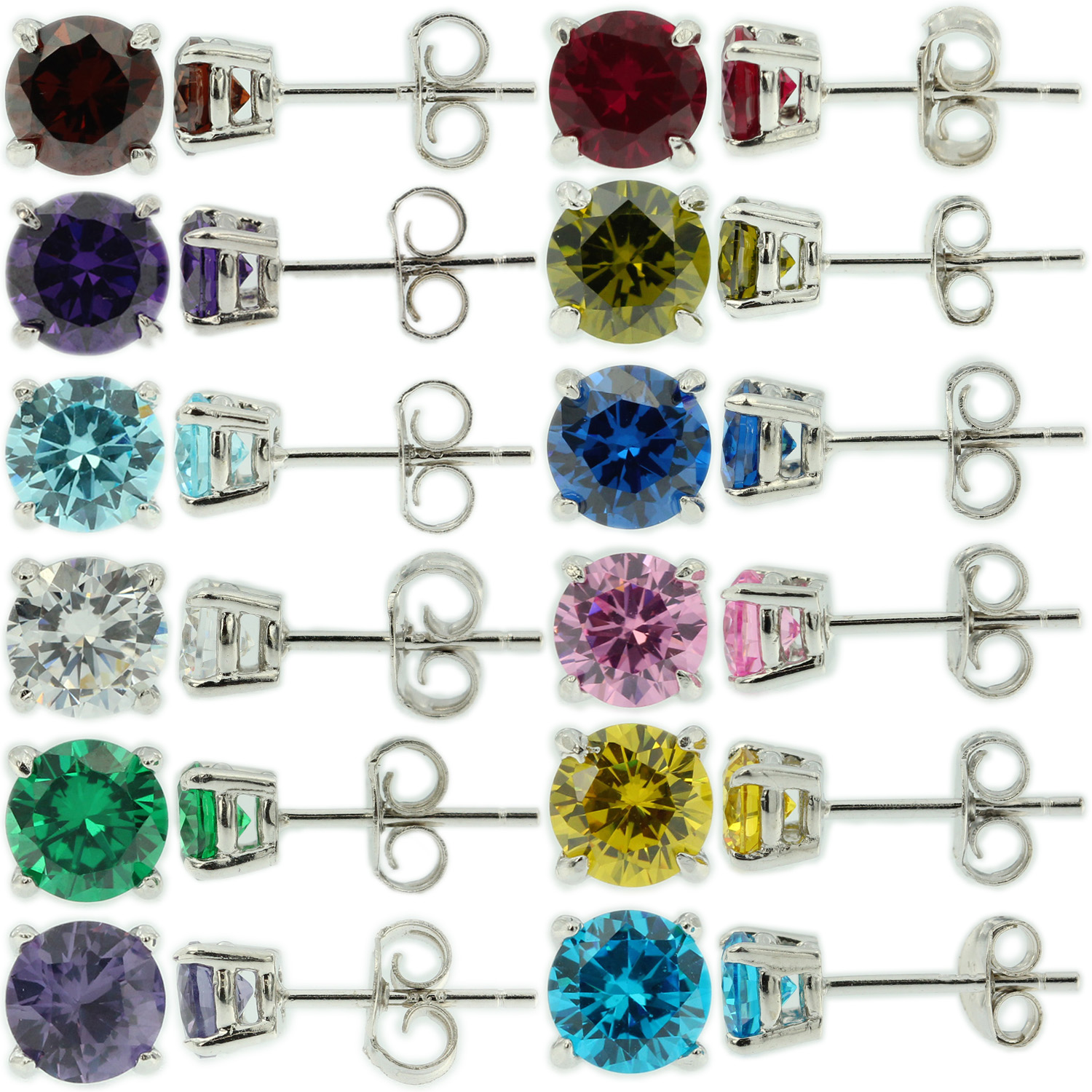 925 Sterling Silver Crystal Birthstone Round Stud Earrings – Purple – 6mm – Gift Box Included