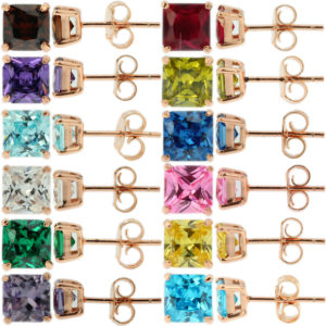 Sterling Silver 925 Rose Gold Birthstone Stud Earrings Princess Cut CZ Womens