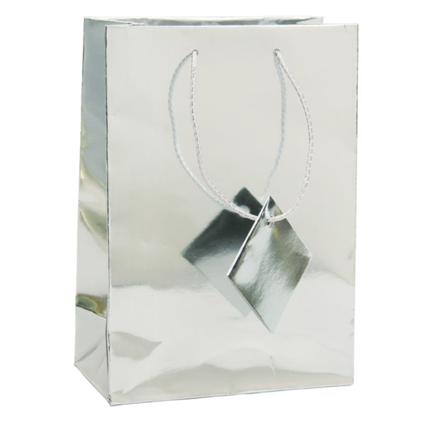 4.75x6.75 Metallic Silver Tote Gift Bags Glossy Paper Shopping Bag With Handle