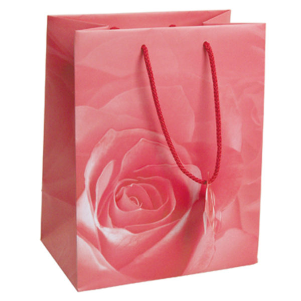 4.75x6.75 Pink Rose Tote Gift Bags Glossy Paper Shopping Bag With Handle