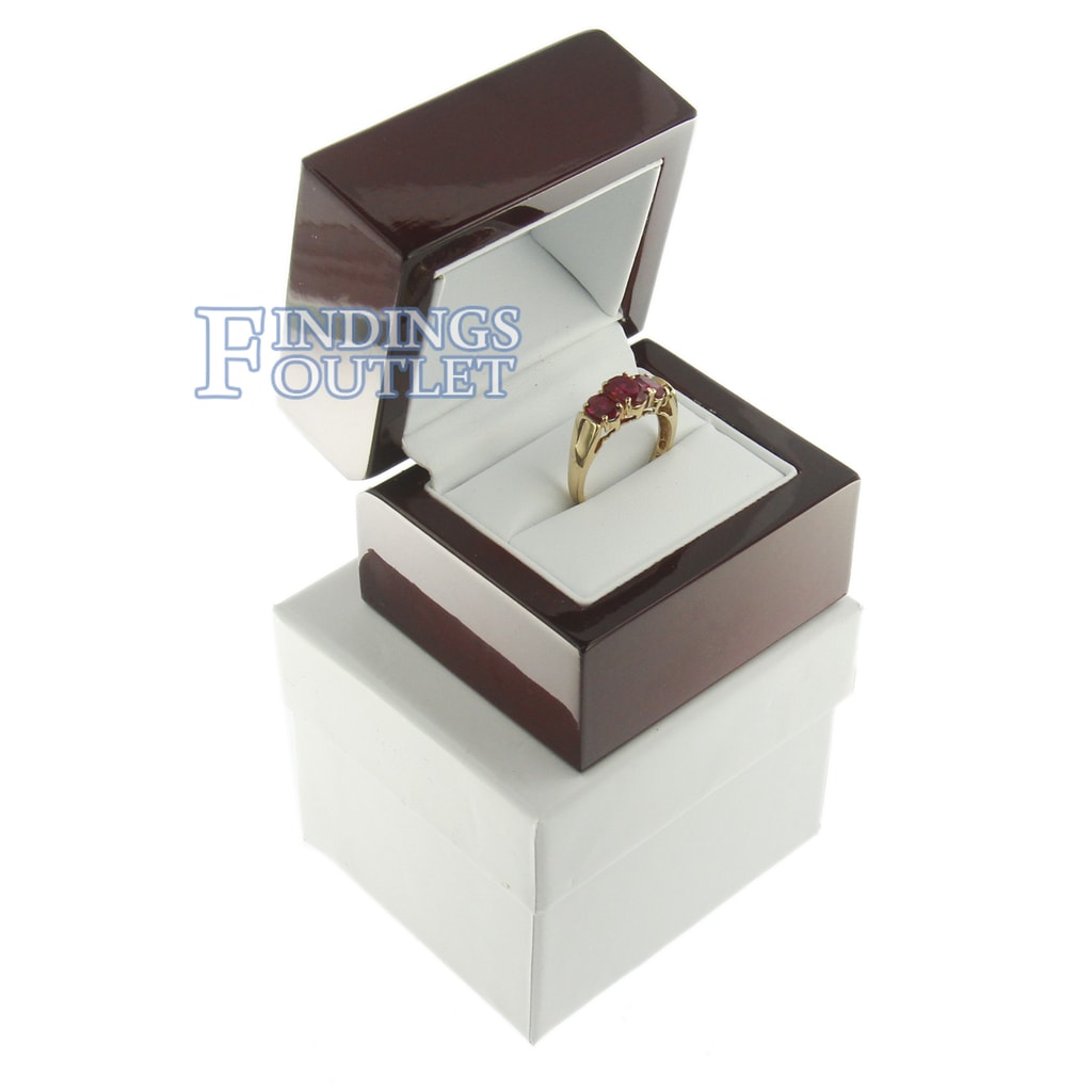 White leather Engagement jewelry ring box 1 pcs Solid Cherry Polish Wood 