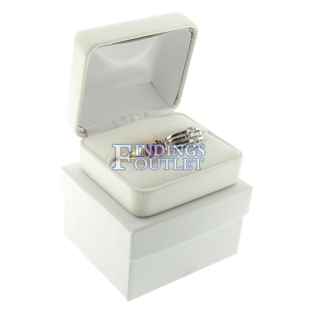 White Leather Rosewood Double Ring Jewelry Gift Box 