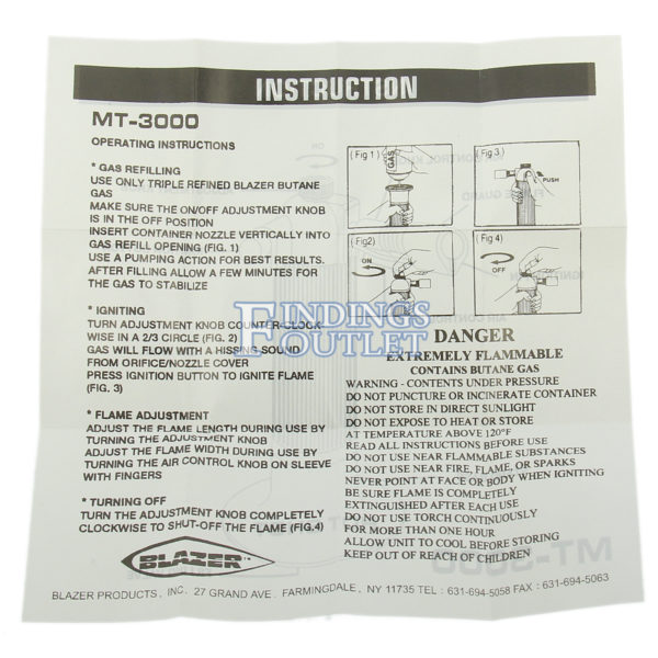 Blazer MT3000 Butane Refillable Torch Instructions Back