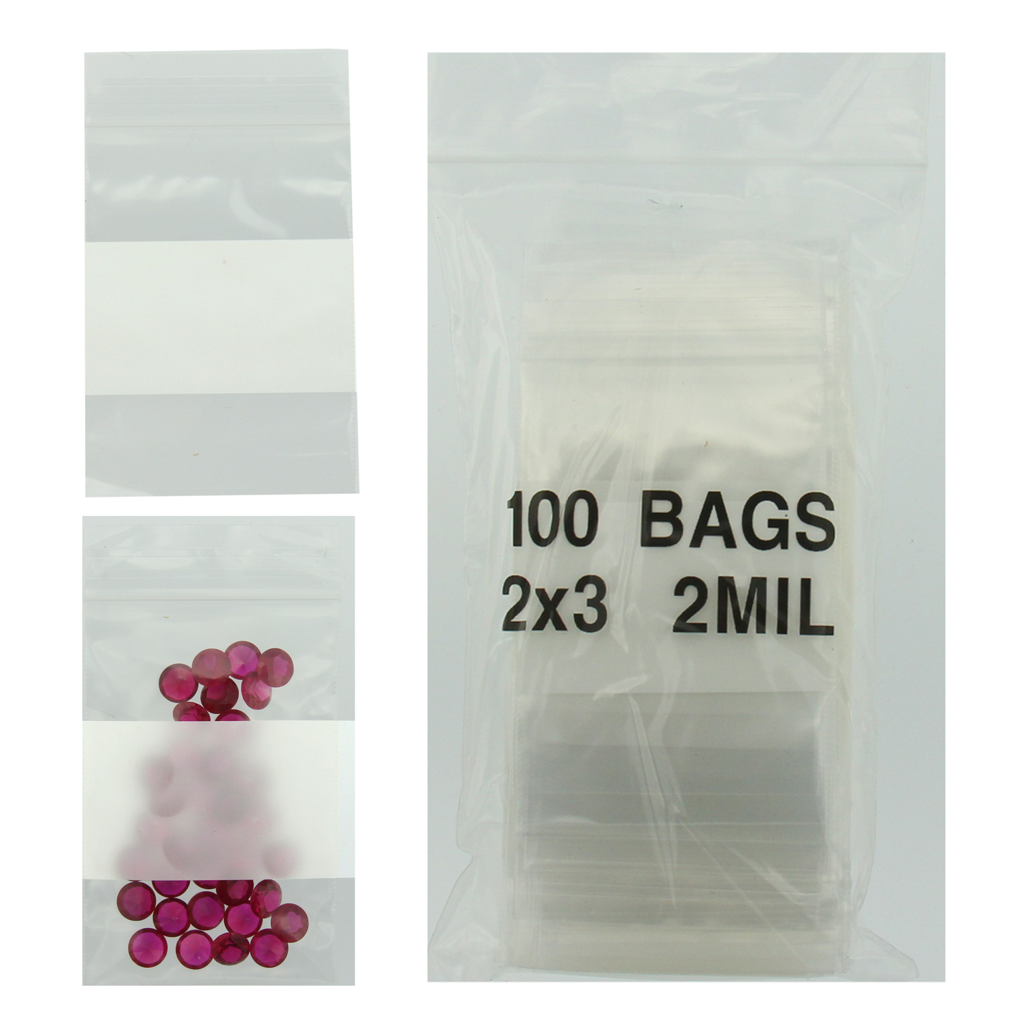 2 Mil 2 x 3 Clear with White Block Resealable Poly Bags, Pack of 100