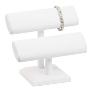 White Faux Leather Bracelet Necklace Jewelry Display Holder Oval 2-Tier T-Bar Stand
