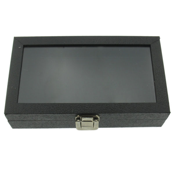Small Glass Top Black Plastic Tray Showcase Storage Jewelry Ring Bracelet Watch Top Angle