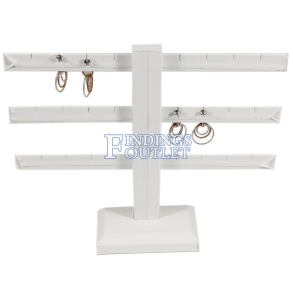 White Faux Leather 3-Tier T-Bar 12 Pair Earring Jewelry Display Holder Stand Straight