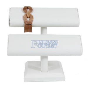 White Faux Leather Bracelet Necklace Jewelry Display Holder Oval 2-Tier T-Bar Stand Straight