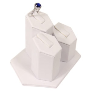 White Faux Leather 3 Ring Jewelry Display Holder Showcase Tower Clip Stand