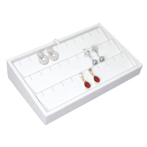 White Faux Leather 15 Slot Earring Jewelry Display Holder Showcase Slanted Tray